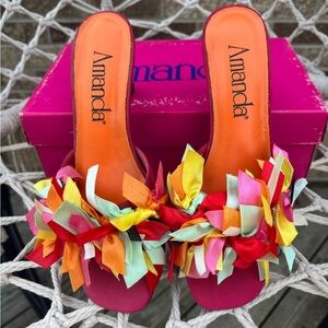 AMANDA PINK OPEN TOE KITTEN HEELS MULTICOLOR RIBBON CONFETTI PARTY SHOES SZ 7